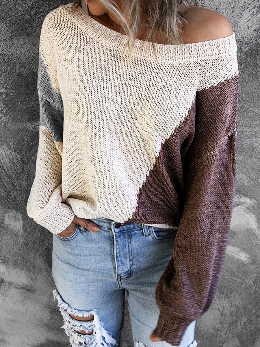 Irregular Color Crew Neck Long-Sleeve Sweater Pullover