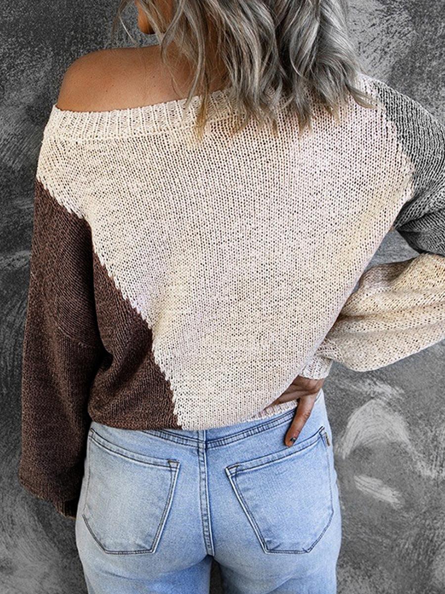 Irregular Color Crew Neck Long-Sleeve Sweater Pullover