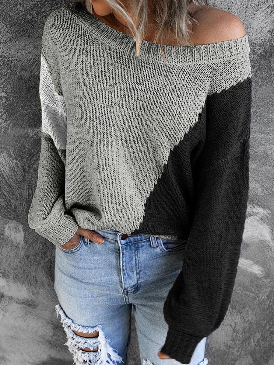 Irregular Color Crew Neck Long-Sleeve Sweater Pullover