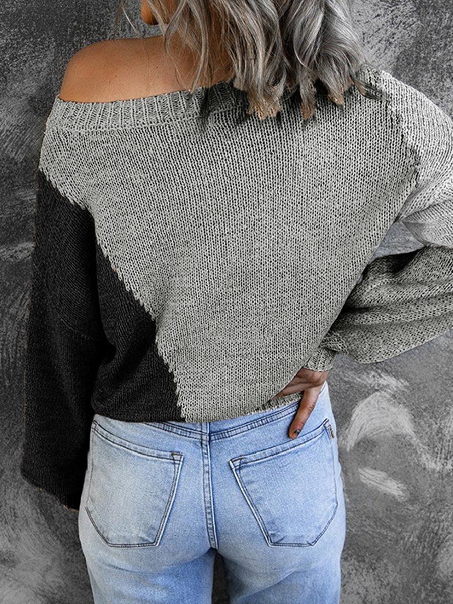 Irregular Color Crew Neck Long-Sleeve Sweater Pullover
