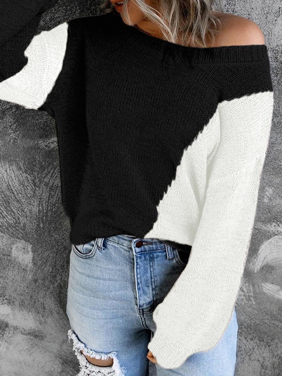 Irregular Color Crew Neck Long-Sleeve Sweater Pullover