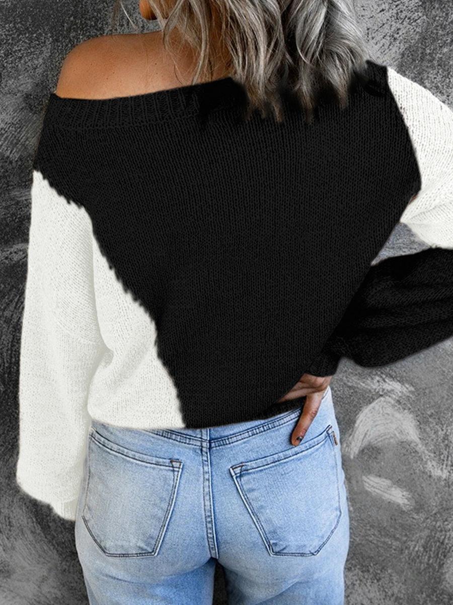 Irregular Color Crew Neck Long-Sleeve Sweater Pullover