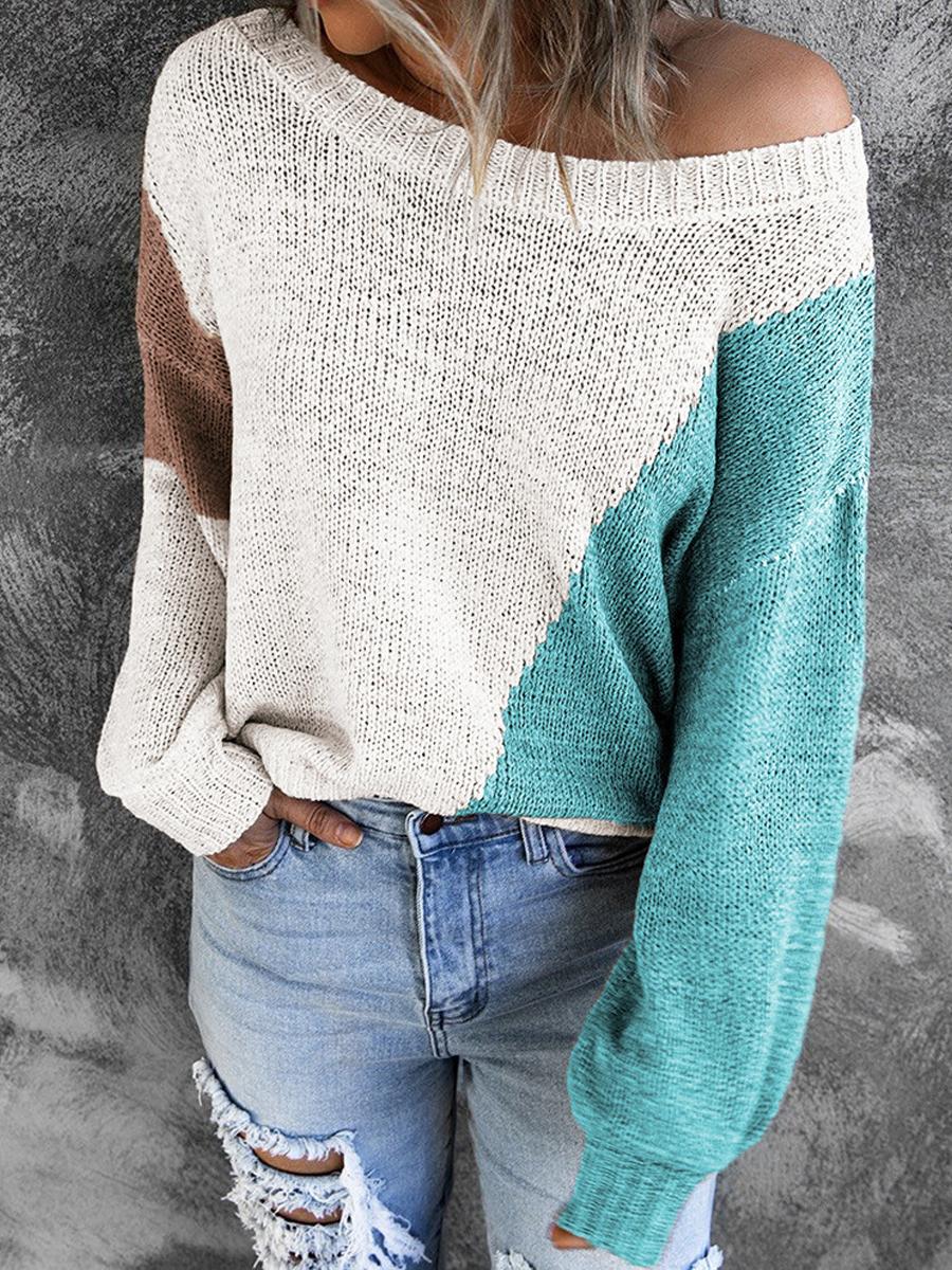 Irregular Color Crew Neck Long-Sleeve Sweater Pullover