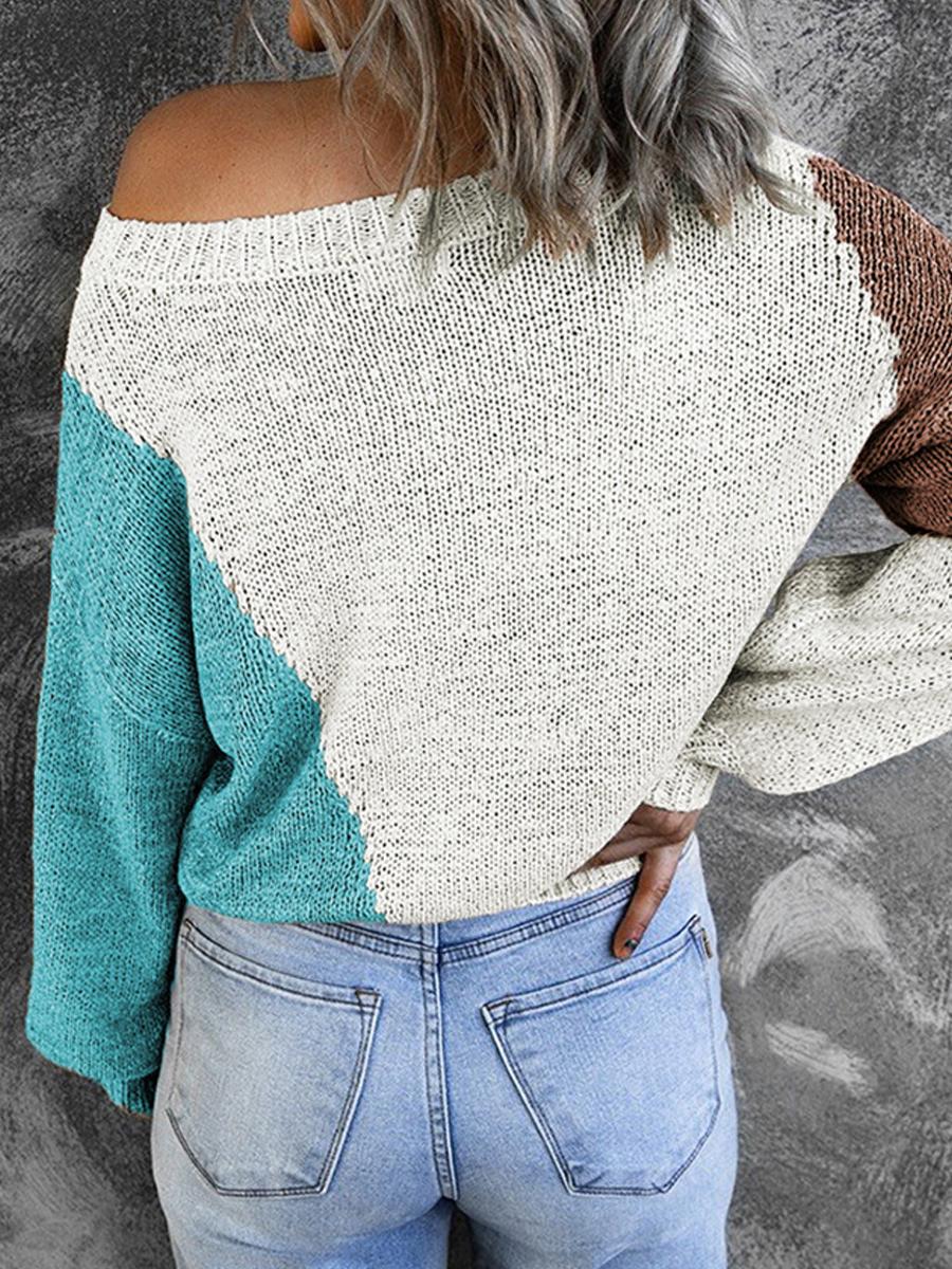 Irregular Color Crew Neck Long-Sleeve Sweater Pullover