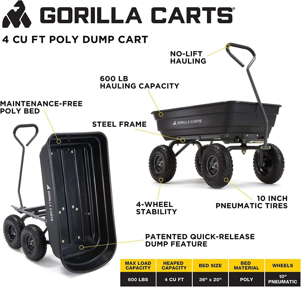 Gorilla Carts GOR4PS Poly Garden Dump Cart with Steel Frame and 10-in. Pneumatic Tires, 600-Pound Capacity, Black