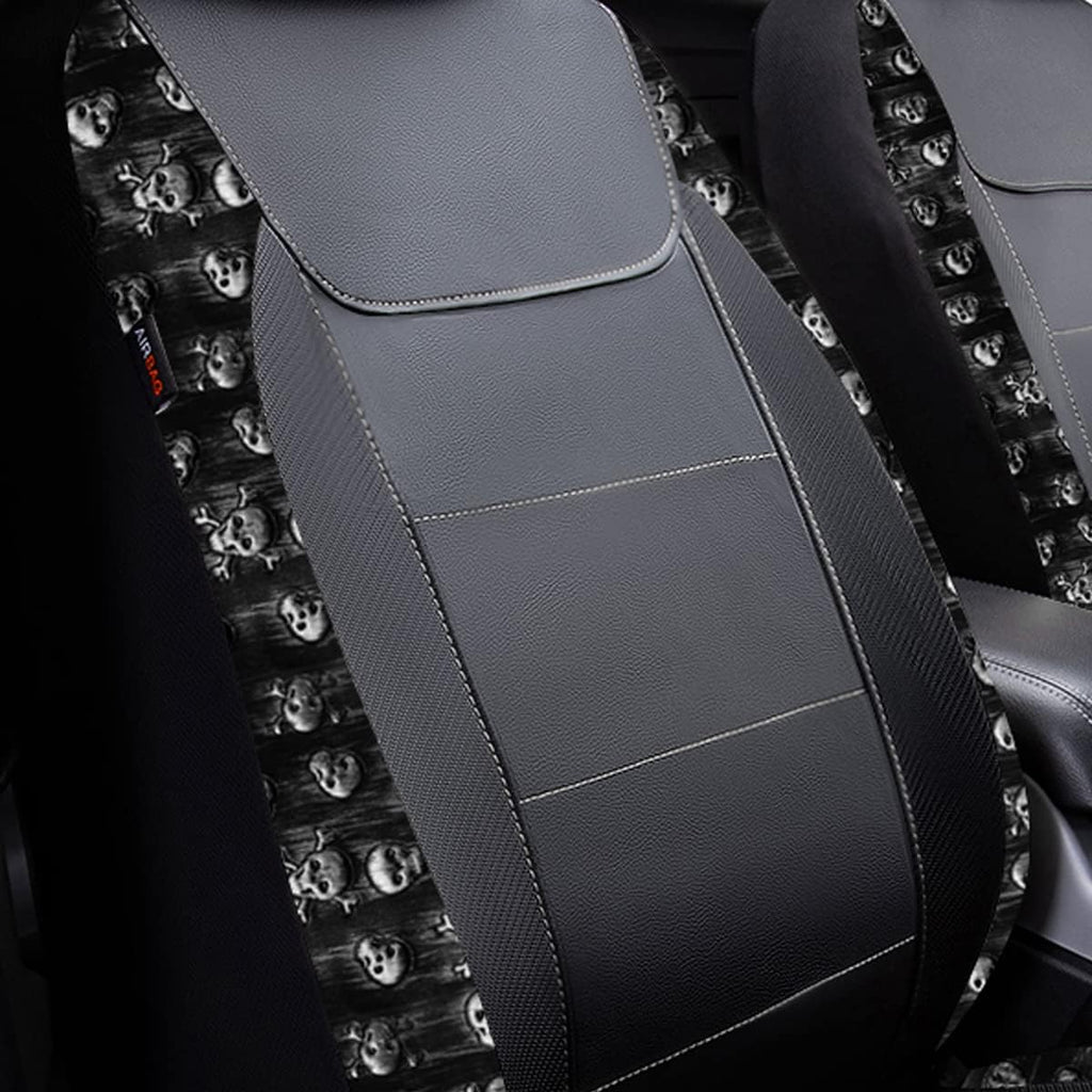 Flying Banner car seat Covers Fashion Faux Leather Gray Skull Full Set Rear Bench Split Easy installations car Truck SUV