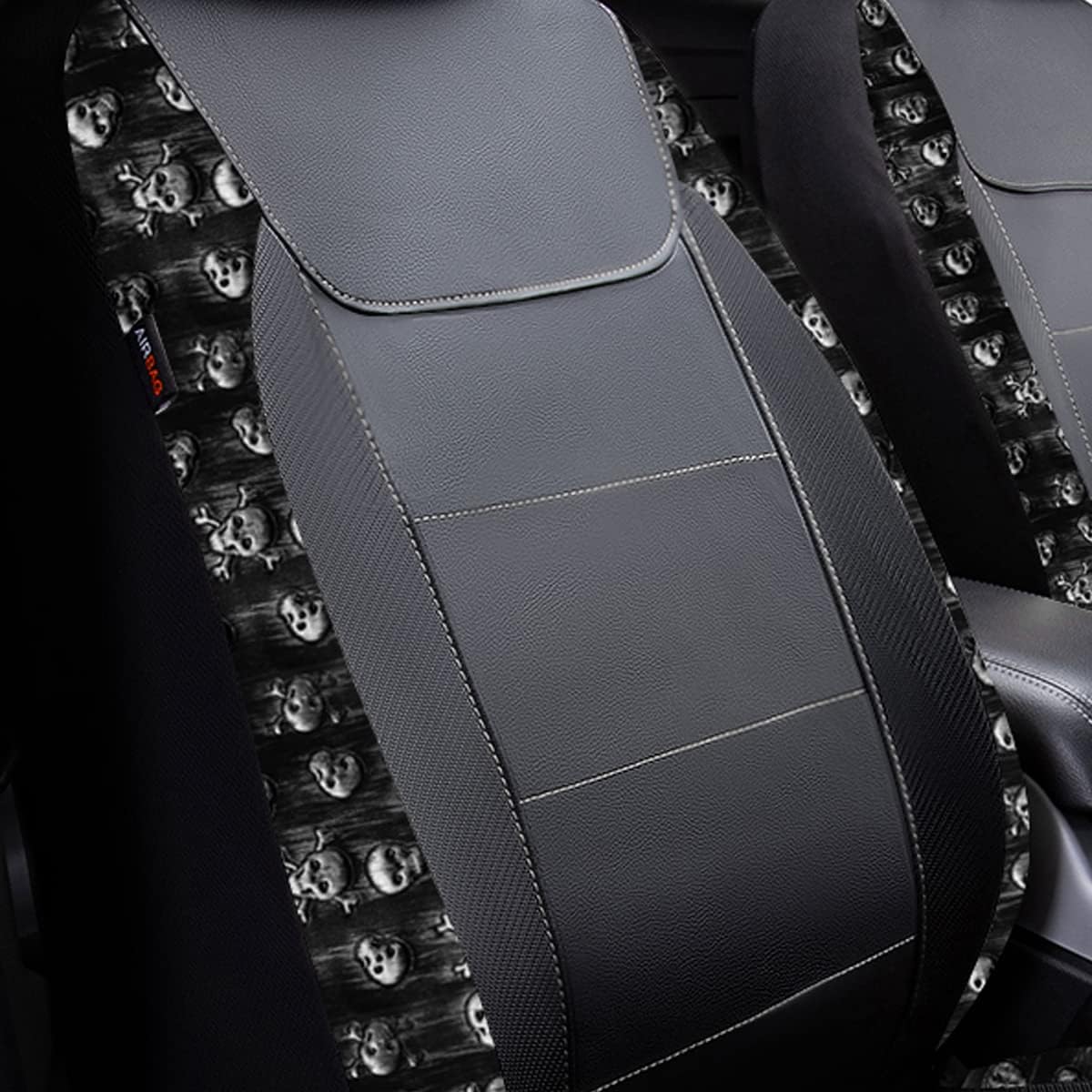 Flying Banner car seat Covers Fashion Faux Leather Gray Skull Full Set Rear Bench Split Easy installations car Truck SUV