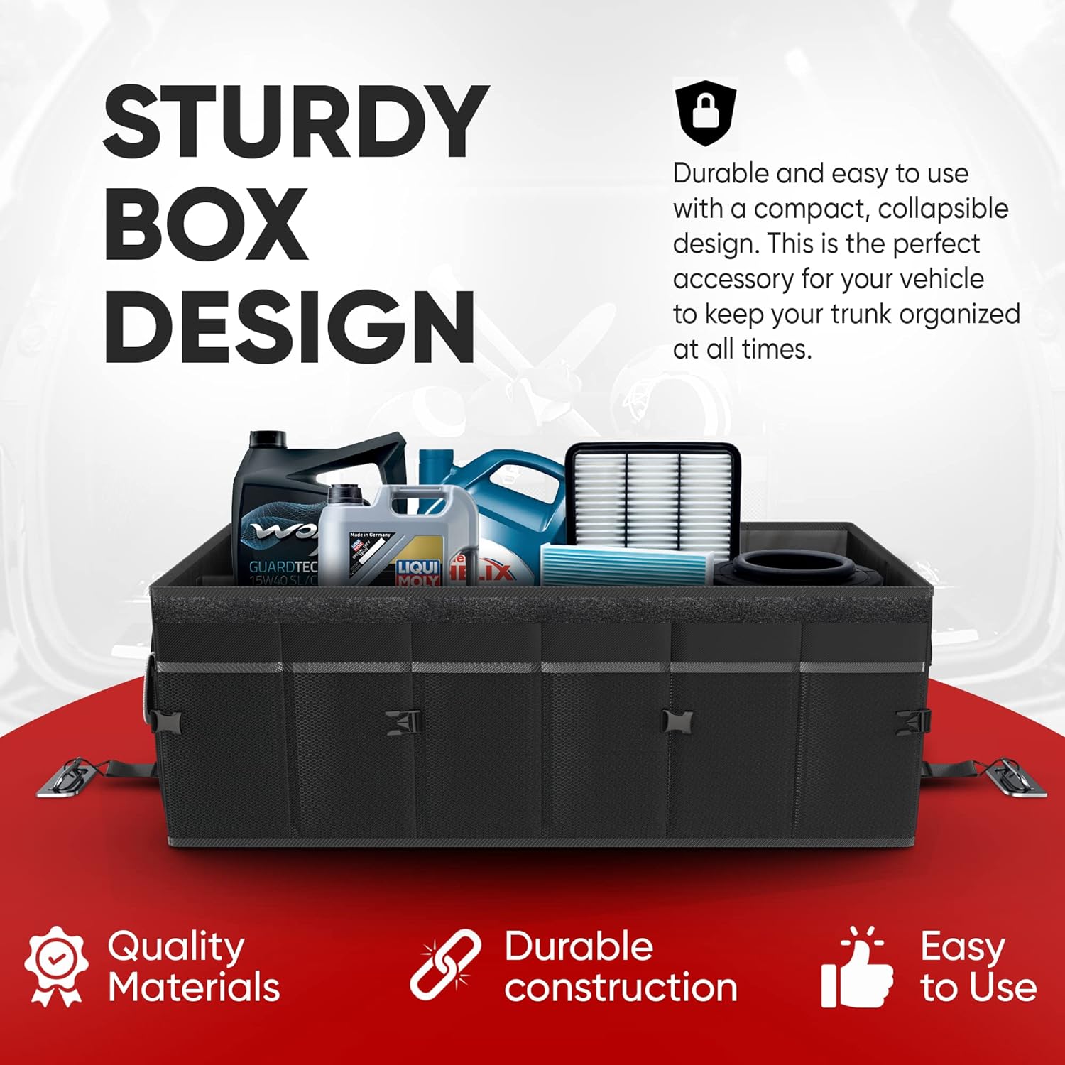 FORTEM Car Trunk Organizer, Car Storage Organizer, Collapsible Multi Compartment Car Organizer, SUV Trunk Organizer, Non Slip Bottom, Adjustable Securing Straps, Foldable Cover (Black, X-Large)