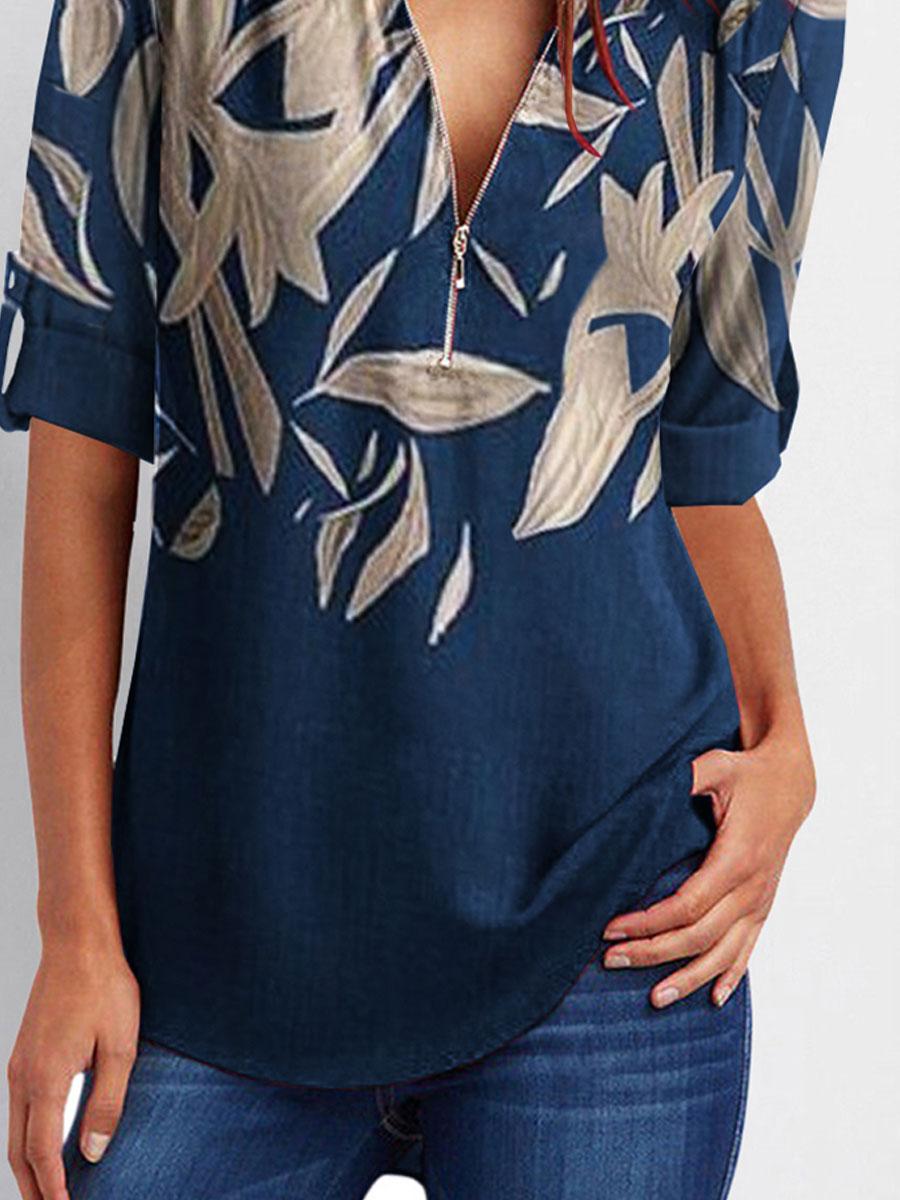V-neck Zipper Loose Casual Leaf Print Long-sleeved Blouse
