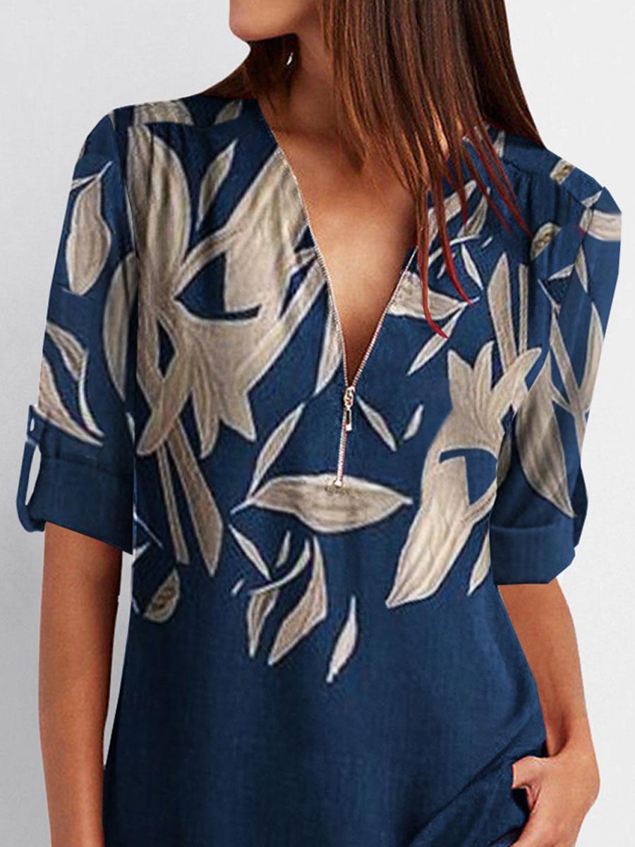 V-neck Zipper Loose Casual Leaf Print Long-sleeved Blouse