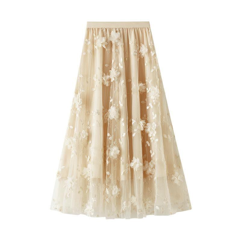 floral embroidery midi skirt