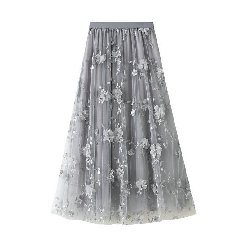 floral embroidery midi skirt