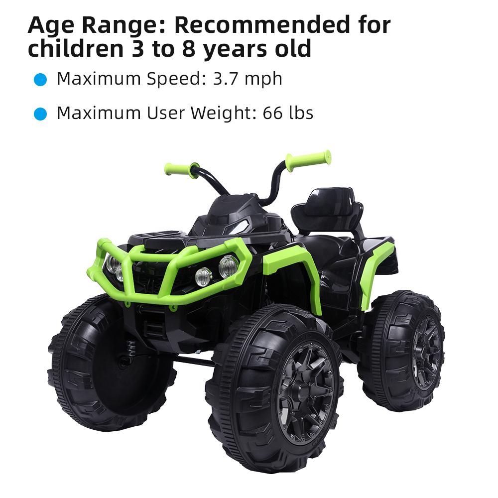 12 Volt Ride ON Toys, Battery Powered Ride ON Toys Car, 4-Wheeler ATV Ride ON Car w/ 3.7mph Max, 2 Speed, LED Lights, AUX Jack, Radio, Electric Motorcycle for Boys, 3-8 Years Old, Green, W1879