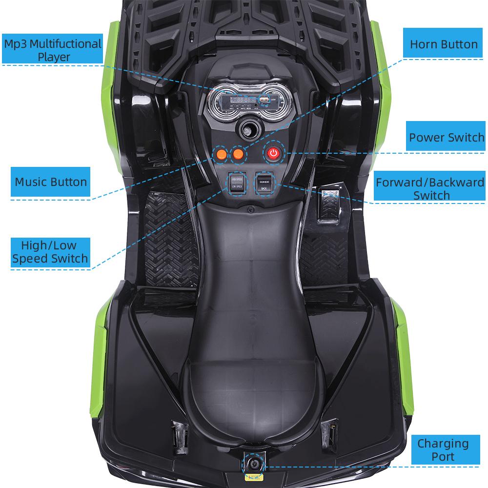 12 Volt Ride ON Toys, Battery Powered Ride ON Toys Car, 4-Wheeler ATV Ride ON Car w/ 3.7mph Max, 2 Speed, LED Lights, AUX Jack, Radio, Electric Motorcycle for Boys, 3-8 Years Old, Green, W1879