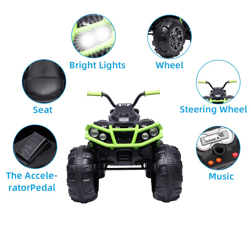 12 Volt Ride ON Toys, Battery Powered Ride ON Toys Car, 4-Wheeler ATV Ride ON Car w/ 3.7mph Max, 2 Speed, LED Lights, AUX Jack, Radio, Electric Motorcycle for Boys, 3-8 Years Old, Green, W1879