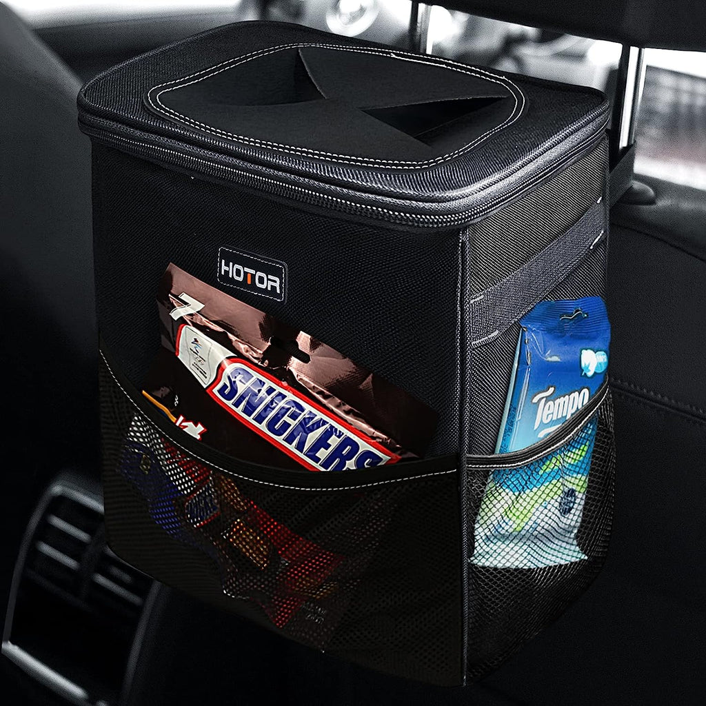 HOTOR 3 Gallons Car Trash Can, Ultra Large Capacity Car Organizer and Storage with Adjustable Straps &amp; Magnetic Snaps, Waterproof Car Accessory for Interior Car Stuff Storage (Black)