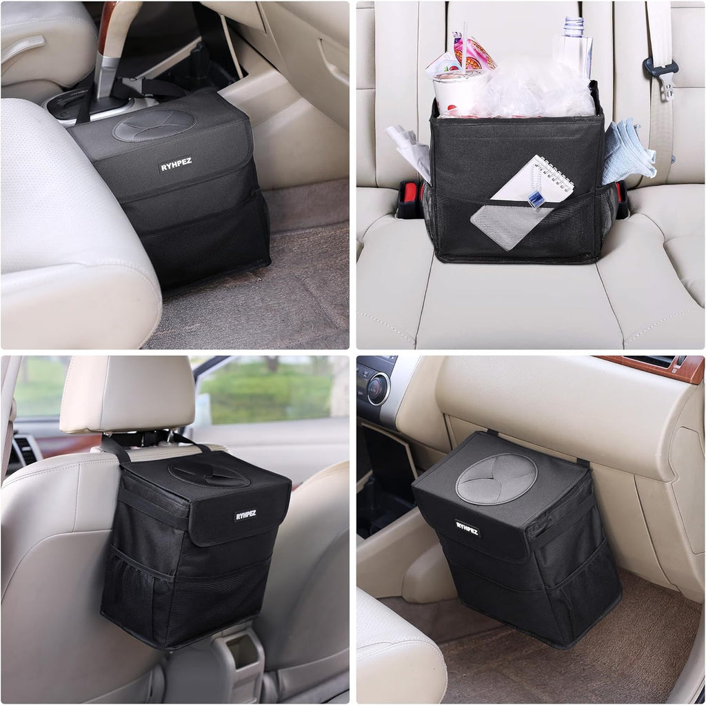 Ryhpez Car Trash Can with Lid - Car Trash Bag Hanging with Storage Pockets Collapsible and Portable Car Garbage Can with Metal Rack Support