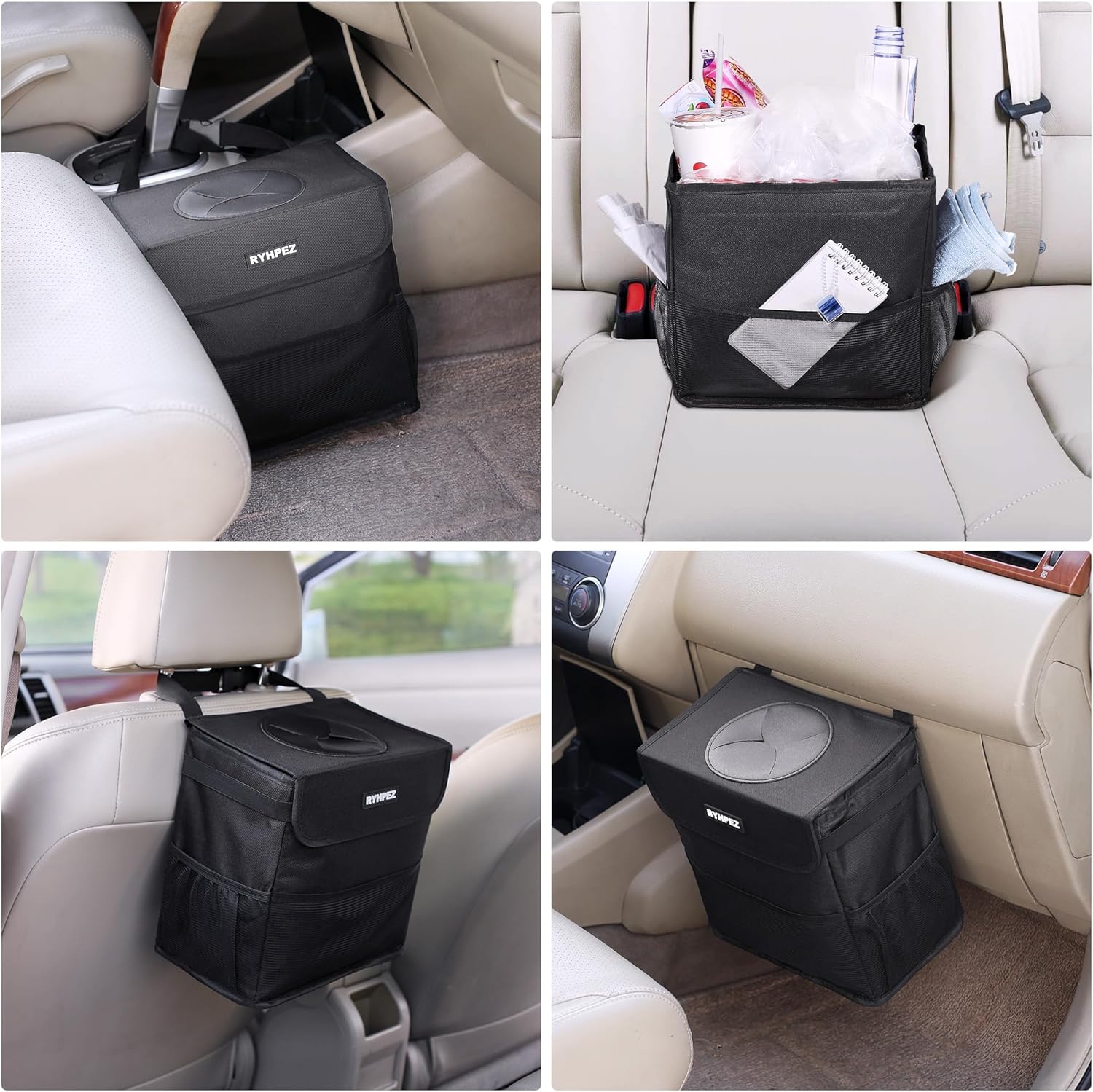 Ryhpez Car Trash Can with Lid - Car Trash Bag Hanging with Storage Pockets Collapsible and Portable Car Garbage Can with Metal Rack Support