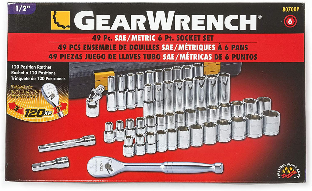 GEARWRENCH 49 Pc. 1/2" Drive 6 Pt. 120XP Mechanics Tool Set, Standard &amp; Deep, SAE/Metric - 80700P