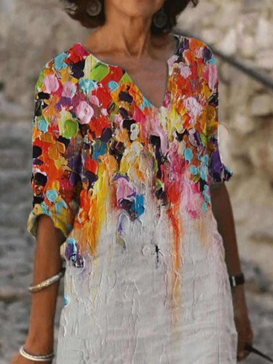 Fashion Oil Painting Printed V-neck Long Sleeve Casual Shift Dress