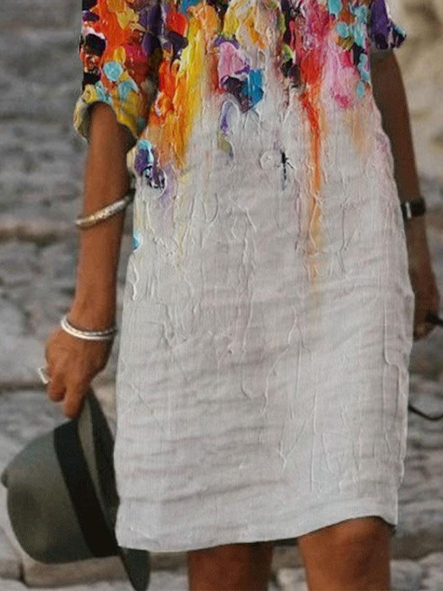 Fashion Oil Painting Printed V-neck Long Sleeve Casual Shift Dress