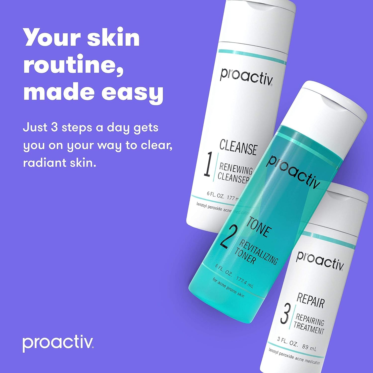 Proactiv 3 Step Acne Treatment - Benzoyl Peroxide Face Wash, Repairing Acne Spot Treatment for Face and Body, Exfoliating Toner - 90 Day Complete Acne Skin Care Kit