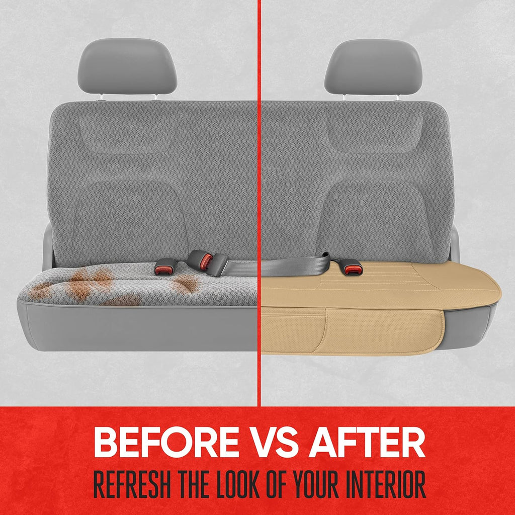 Motor Trend Seat Cover for Cars Trucks SUV, Faux Leather Rear Bench Beige Padded Car Seat Cover with Storage Pockets, Premium Interior Car Seat Cover