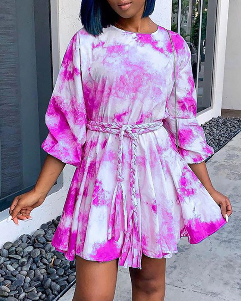 Tie Dye Long Sleeve Knotted Pleated Dress