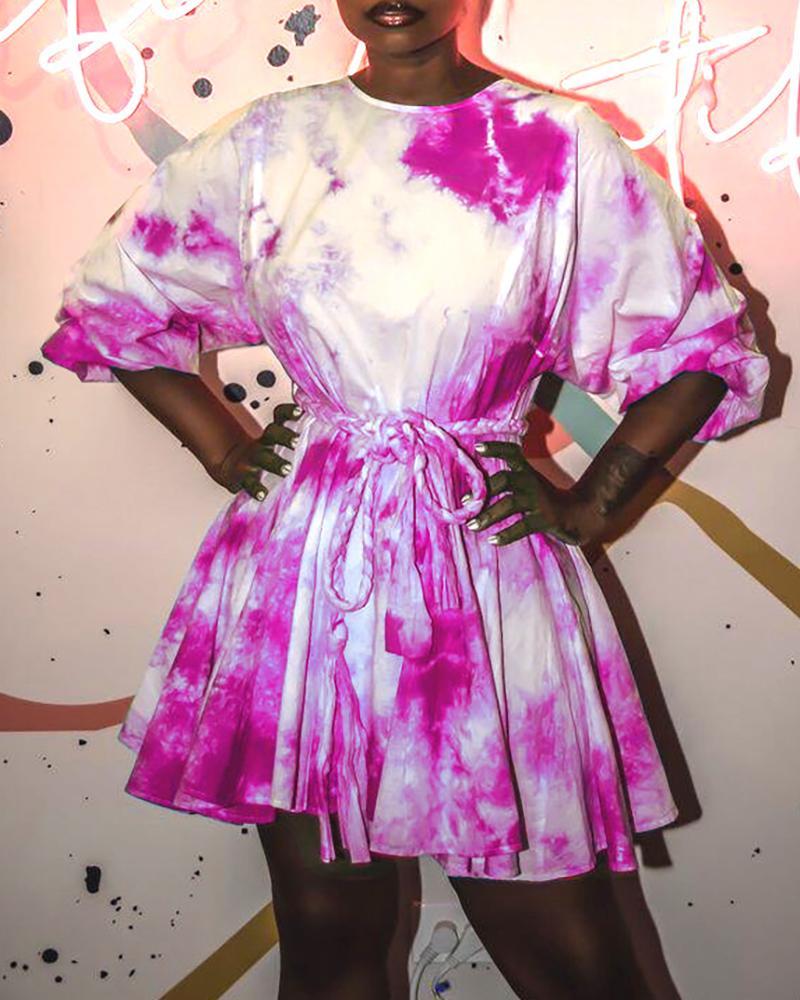 Tie Dye Long Sleeve Knotted Pleated Dress