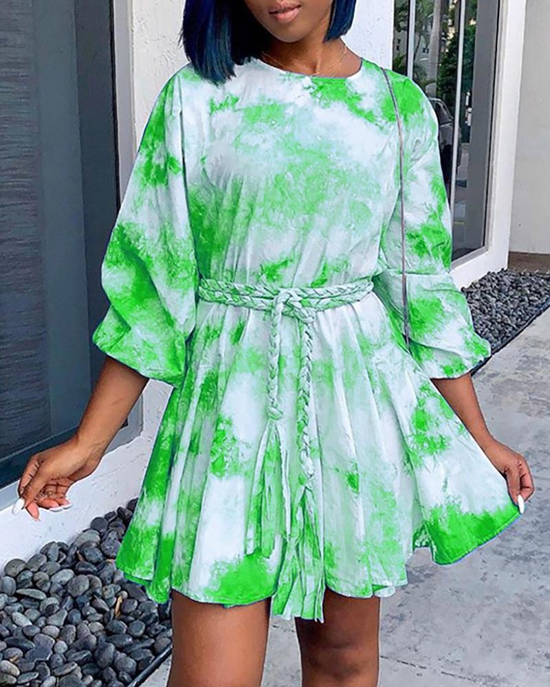 Tie Dye Long Sleeve Knotted Pleated Dress