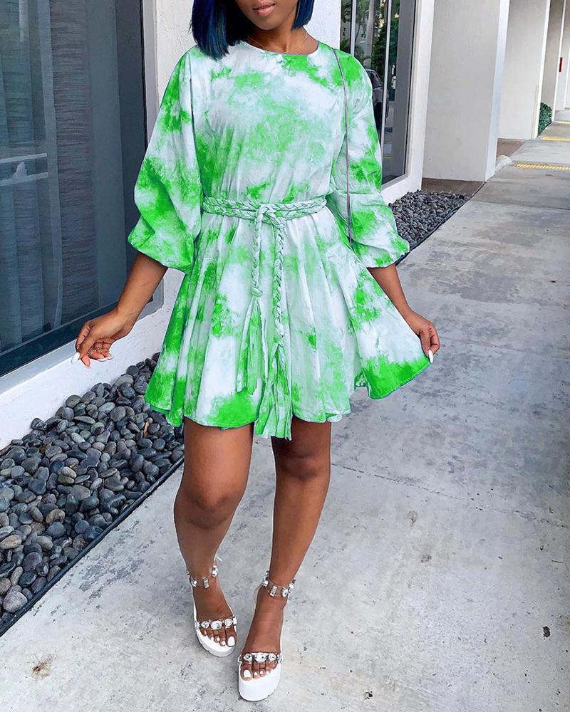 Tie Dye Long Sleeve Knotted Pleated Dress