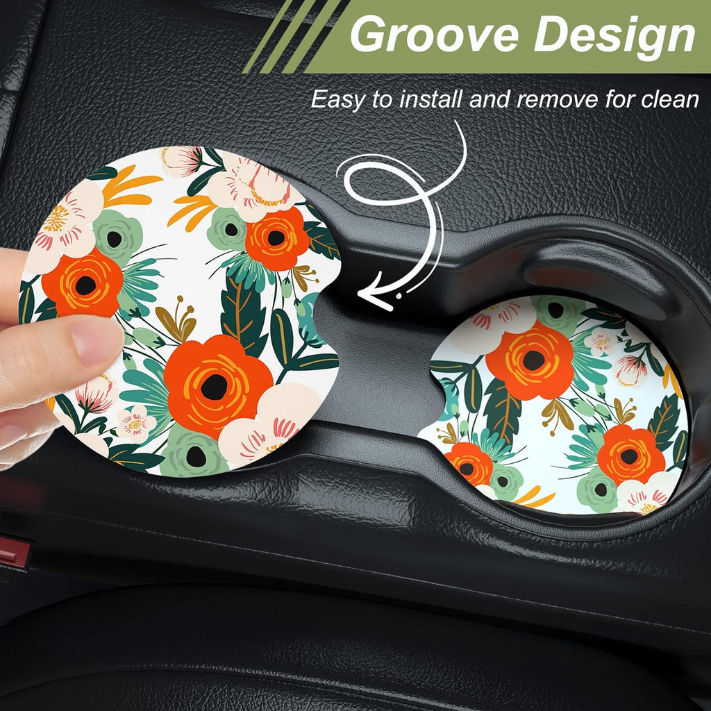 Nipichsha Car Cup Holder Coasters, Car Coasters for Cup Holders, 2 Pack Anti Slip Insert Coasters, Rubber Car Cup Mat with A Finger Notch, Cute Car Interior Accessories for Women Men(White Flower)