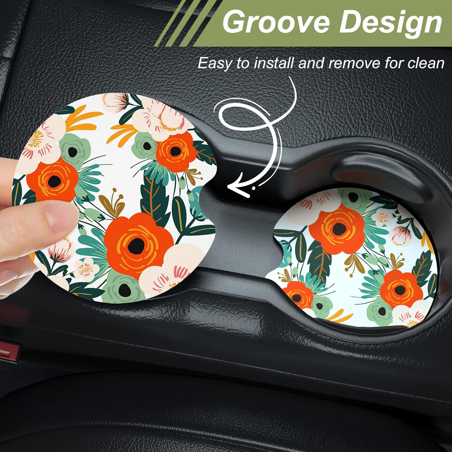 Nipichsha Car Cup Holder Coasters, Car Coasters for Cup Holders, 2 Pack Anti Slip Insert Coasters, Rubber Car Cup Mat with A Finger Notch, Cute Car Interior Accessories for Women Men(White Flower)