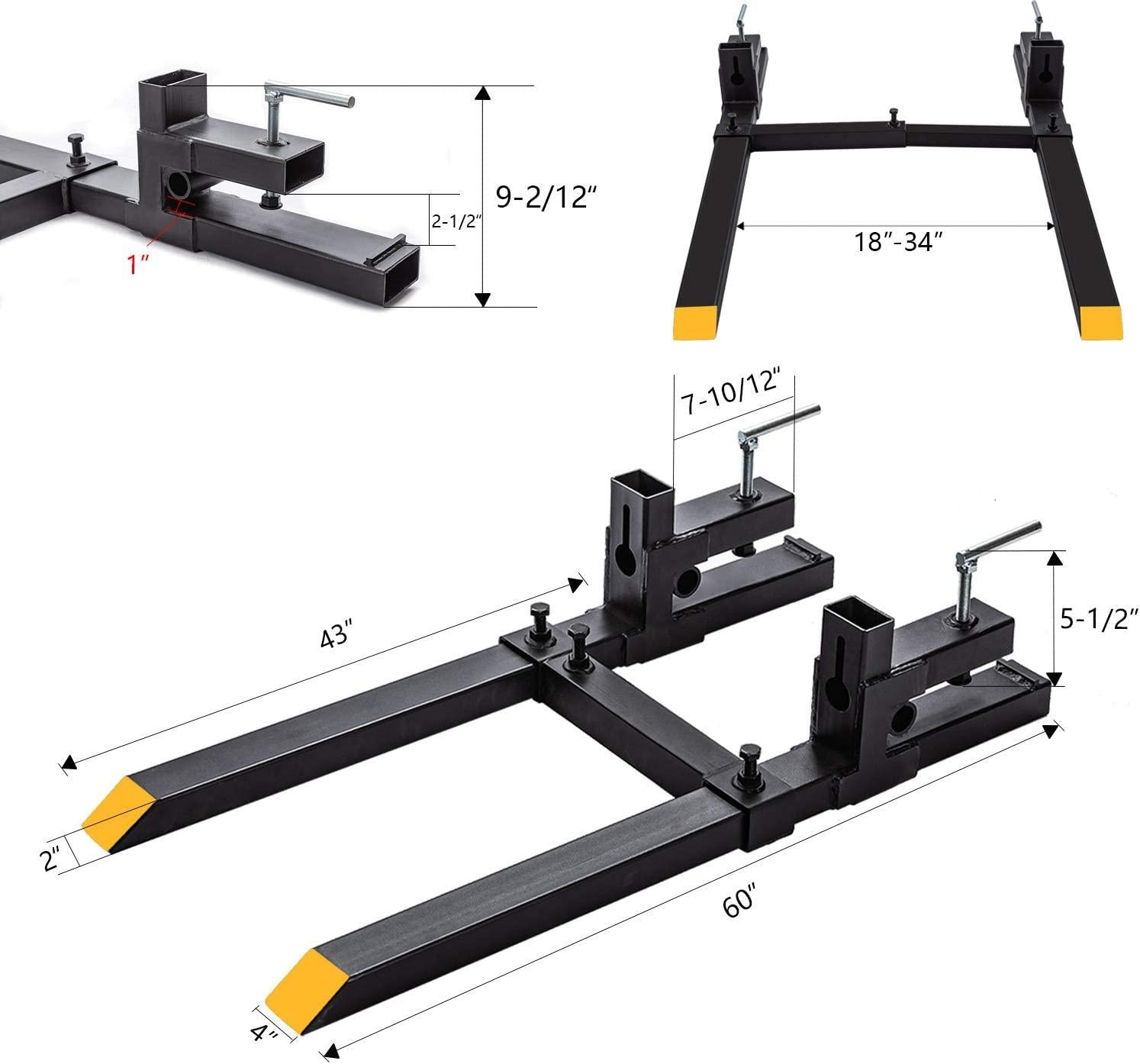 Clamp on Pallet Forks w/Adjustable Stabilizer Bar -60" 2000lbs Max- Pallet Forks Clamp On for Tractor Bucket （60inch Total Length）