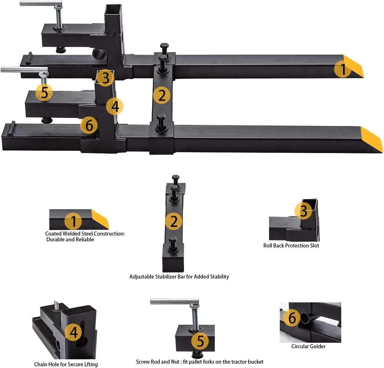 Clamp on Pallet Forks w/Adjustable Stabilizer Bar -60" 2000lbs Max- Pallet Forks Clamp On for Tractor Bucket （60inch Total Length）