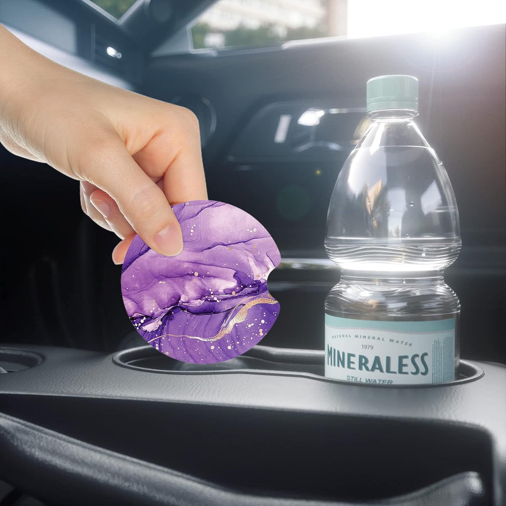 Nipichsha Car Cup Holder Coasters, Car Coasters for Cup Holders, 2 Pack Anti Slip Insert Coasters, Rubber Car Cup Mat with A Finger Notch, Cute Car Interior Accessories for Women Men (Purple Marble)