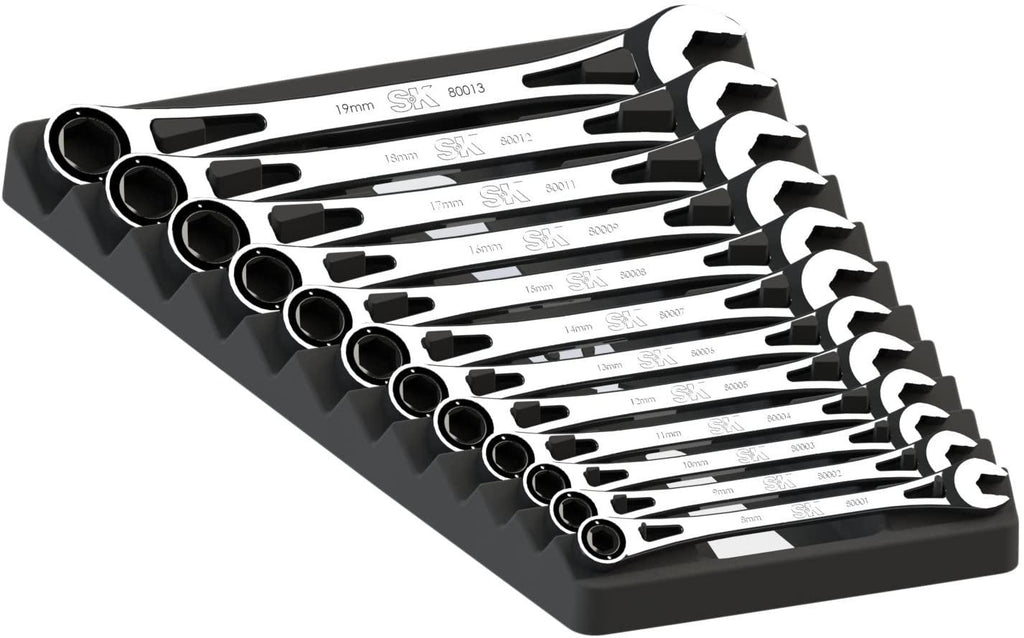 SK Hand Tool 80019 12 Piece X-frame 6 Point Metric Fractional Combination Steel Ratcheting Wrench Set, Chrome, 1.7° Arc Swing, 216 Positions, Made in America
