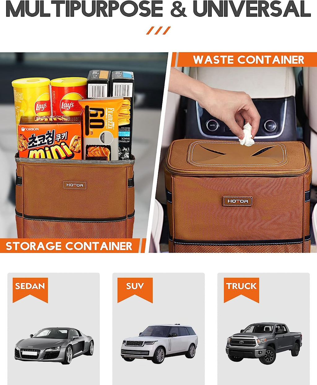 HOTOR Car Trash Can, 3-Gallon Ultra-Large Car Garbage Can, 100% Leakproof &amp; Waterproof Trash Can for Car, Multipurpose Car Trash Bin with Adjustable Straps, Magnetic Buckles, Mesh Pockets (Brown)