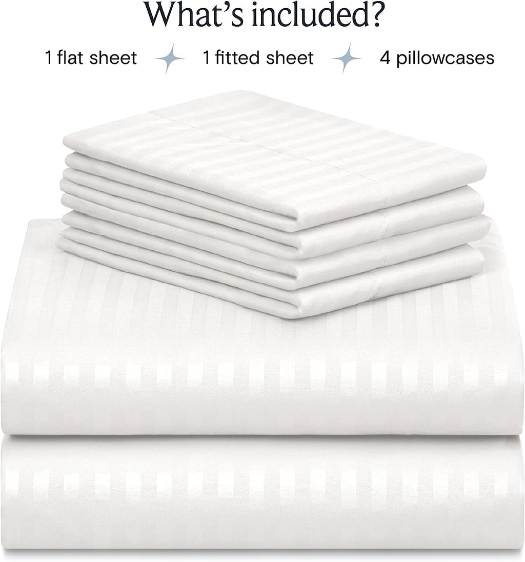 LuxClub Queen Size Striped Sheets Set, 6 PC Striped Bed Sheets, Deep Pockets 18" Eco Friendly Wrinkle Free Cooling Sheets Machine Washable Hotel Bedding Silky Soft (Queen, Striped White)