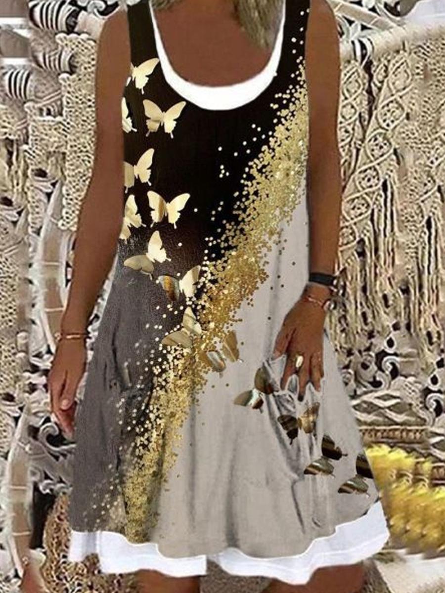 Butterfly Print Crew Neck Sleeveless Fake Two Dress