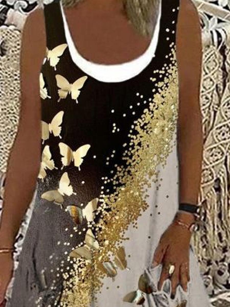 Butterfly Print Crew Neck Sleeveless Fake Two Dress