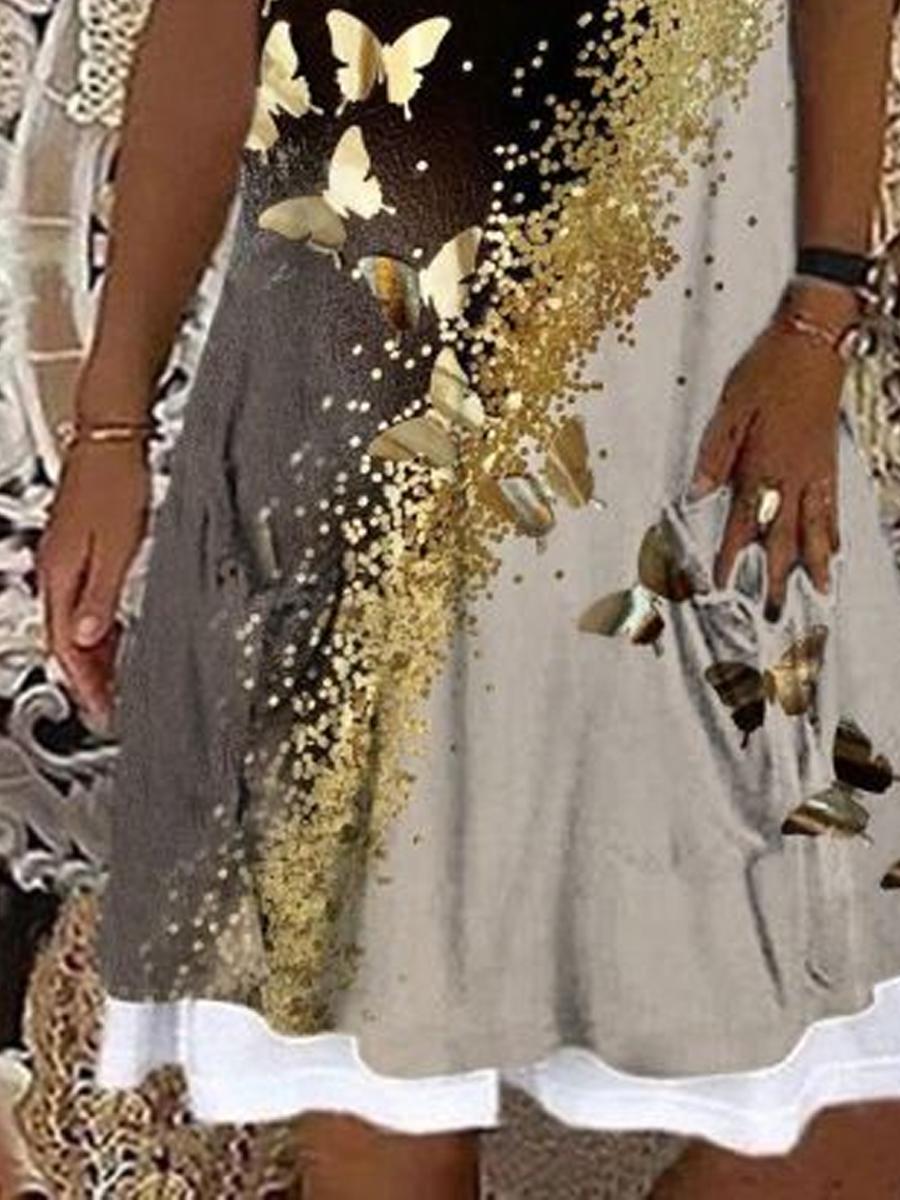 Butterfly Print Crew Neck Sleeveless Fake Two Dress