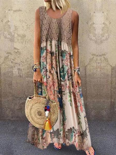 Plus Size Printed Stitching Round Neck Sleeveless Maxi Dress