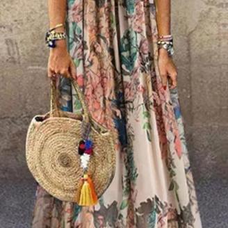Plus Size Printed Stitching Round Neck Sleeveless Maxi Dress