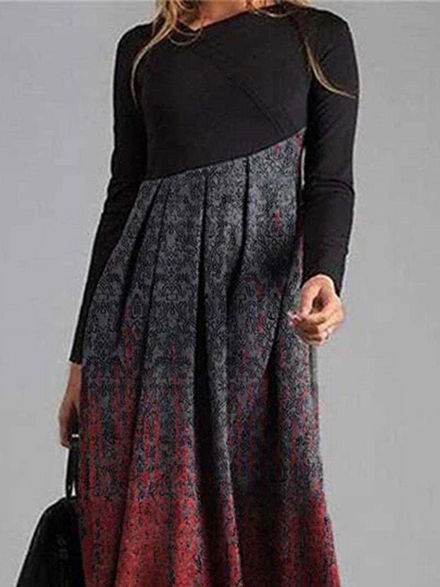 Retro Print Fashion Round Neck Long Sleeve Casual Maxi Dress