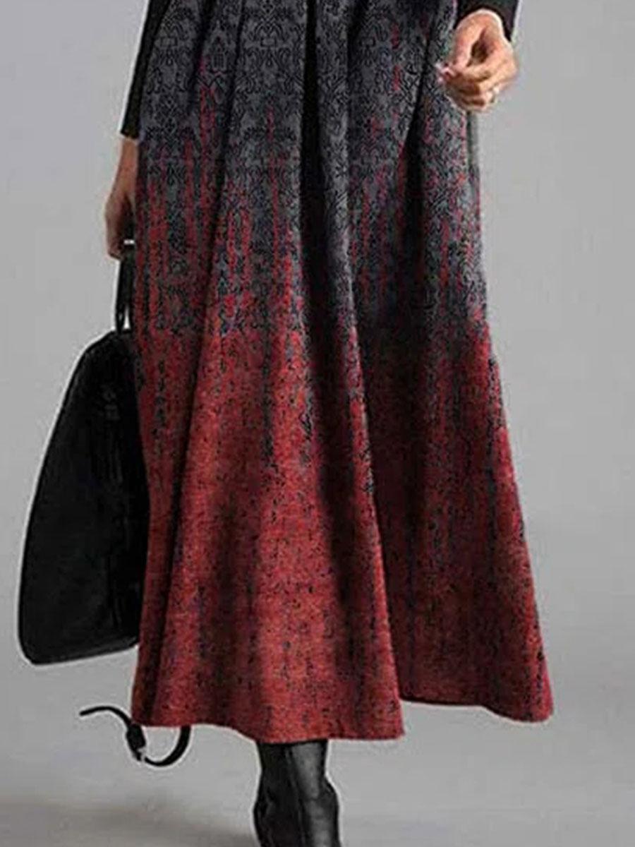 Retro Print Fashion Round Neck Long Sleeve Casual Maxi Dress