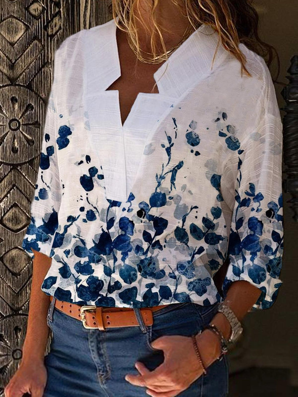 Floral Print V-neck Blouses