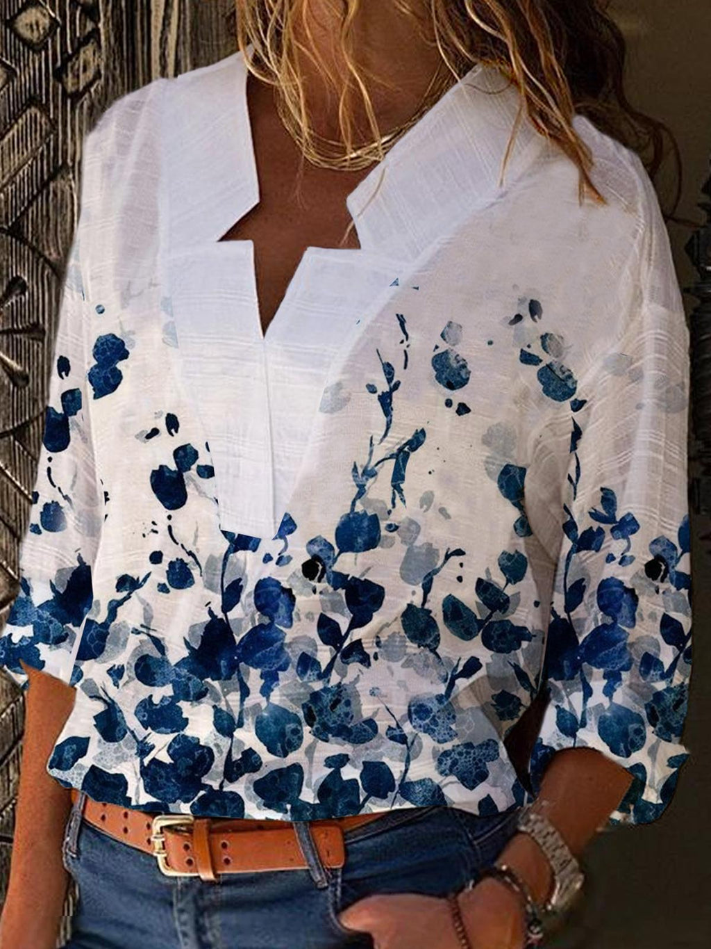 Floral Print V-neck Blouses