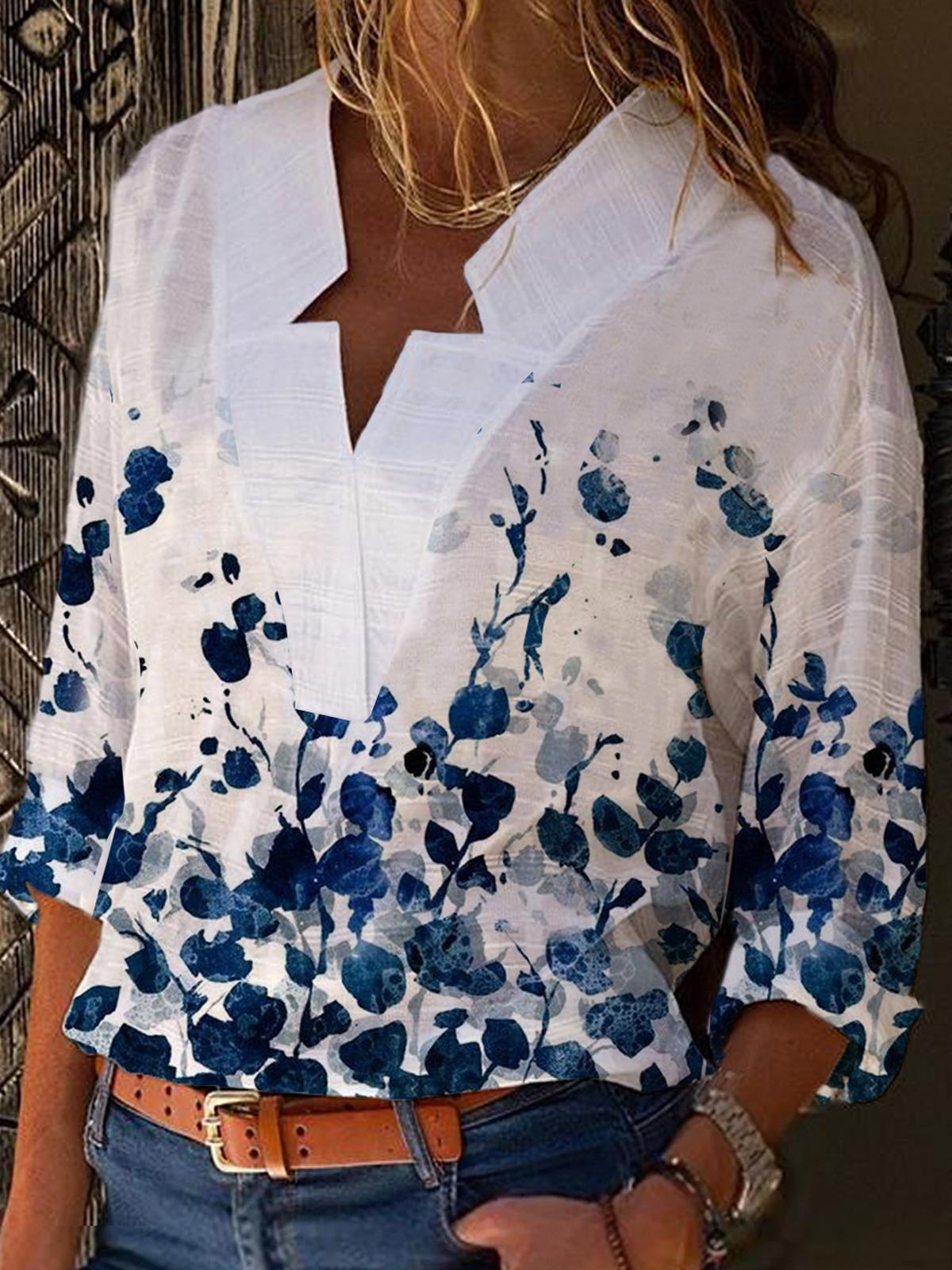 Floral Print V-neck Blouses