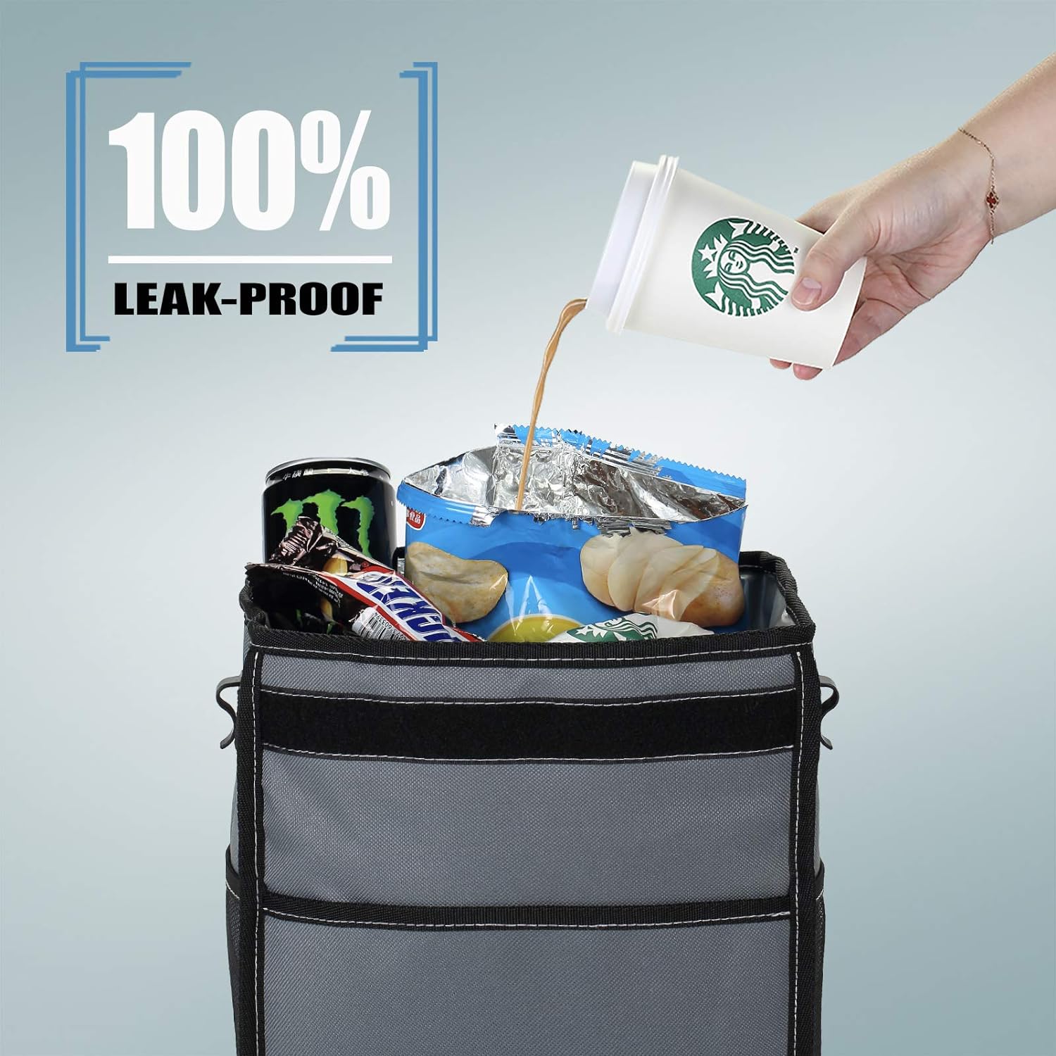 K KNODEL Car Trash Can, Waterproof Car Garbage Can, Car Trash Bag with Lid, Leak-Proof Car Trash Bin, Car Trash Hanging (Large, Gray)